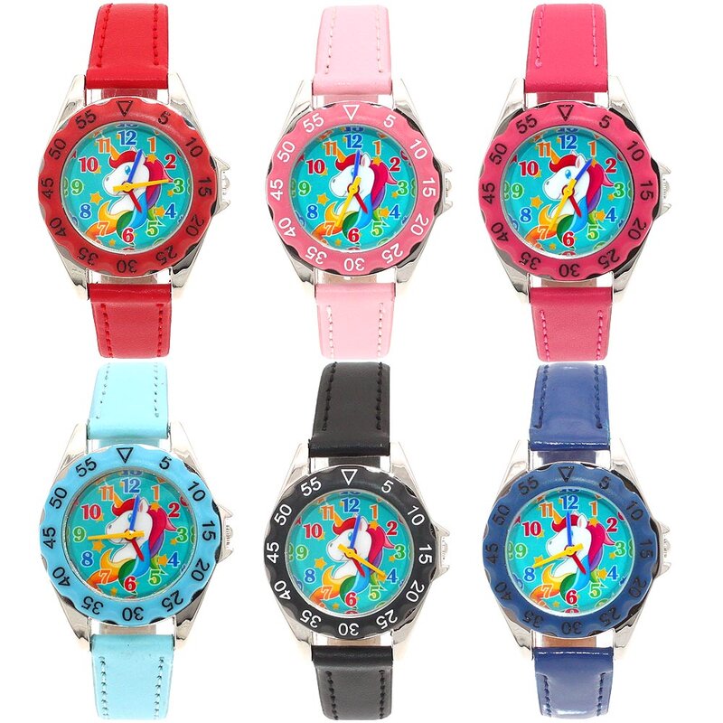 Cute Unicorn Watch for Kids, relógio de pulso de couro, relógios casuais para crianças, tempo de aprendizado, moda
