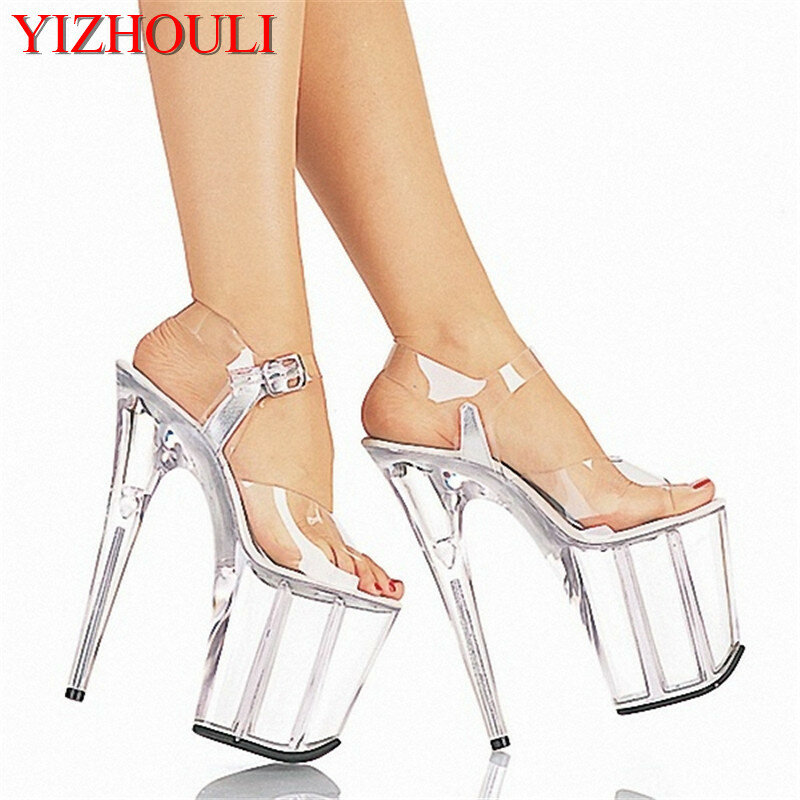 Sandálias de salto alto 20cm, plataforma transparente cristal, pole dance/performance/estrela/modelo, sapatos de dança de casamento