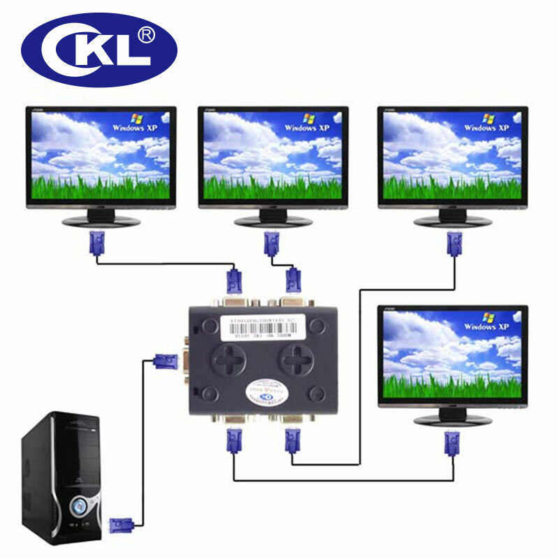 CKL 2 atau 4 Port VGA Splitter Hitam Duplikator Mendukung DDC DDC2 DDC2B USB Powered Transmisi Hingga 60 M Dinding Mountable ABS kasus