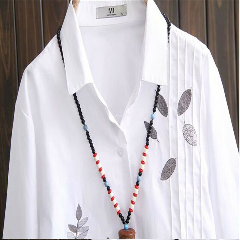 Блузка женская с длинным рукавом, белая свободная приталенная рубашка из хлопка в Корейском стиле, с вышивкой, большие размеры XL 4XL, весна