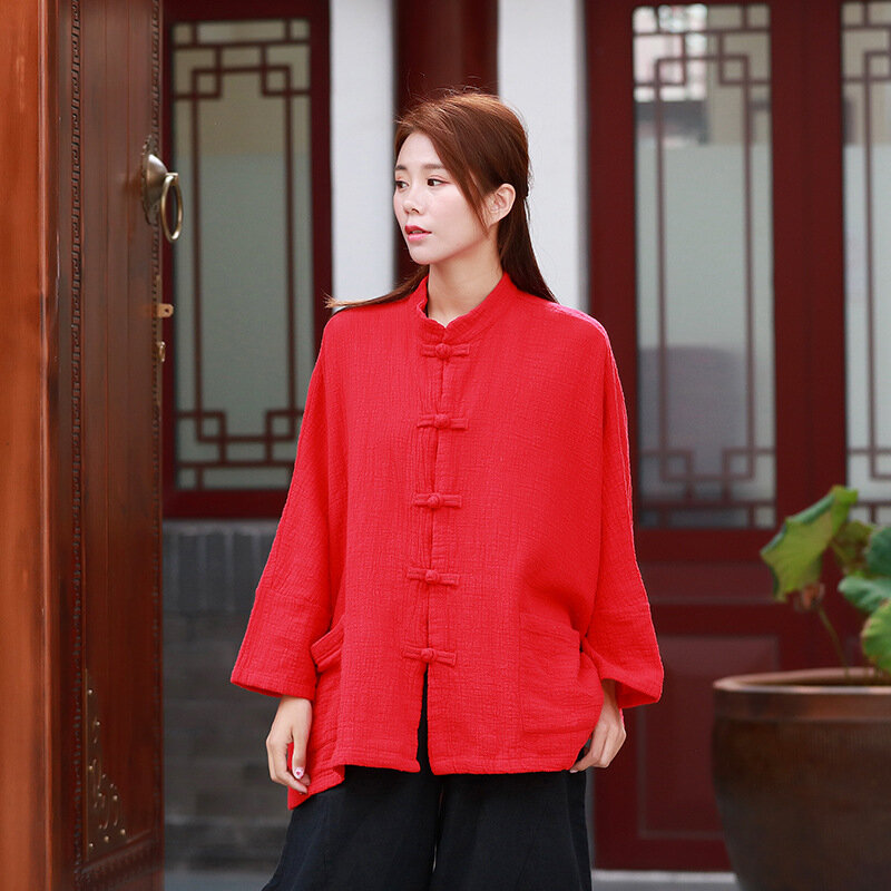النمط الصيني الوقوف طوق الخريف أبلى قميص overقميص طويل الأكمام زر بلوزة أحمر أسود blusas