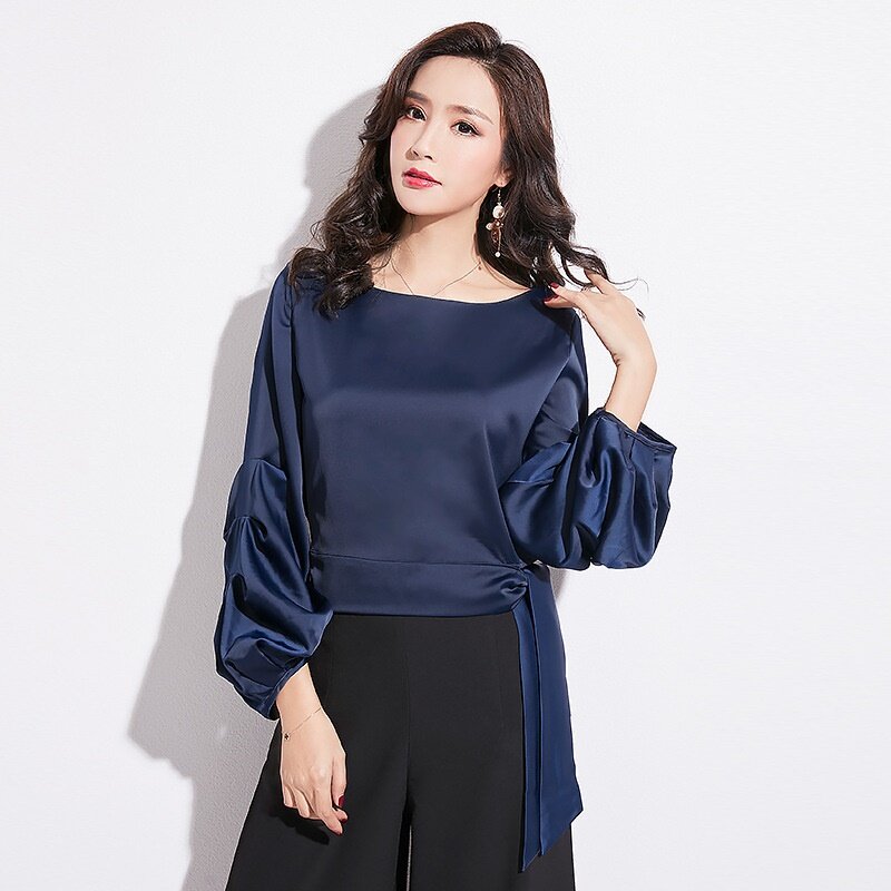 Camisa de satén Lisa para mujer, ropa de moda coreana con manga Globo y cordones, ropa de trabajo, Tops y blusas para mujer DD2119, 2019