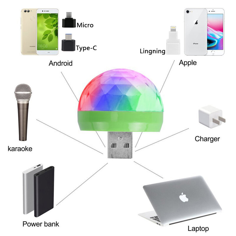 Lumières de fête colorées USB DC5V, contrôle de musique, ktv dj disco, lumières de scène automatiques pour iPhone Android iOS