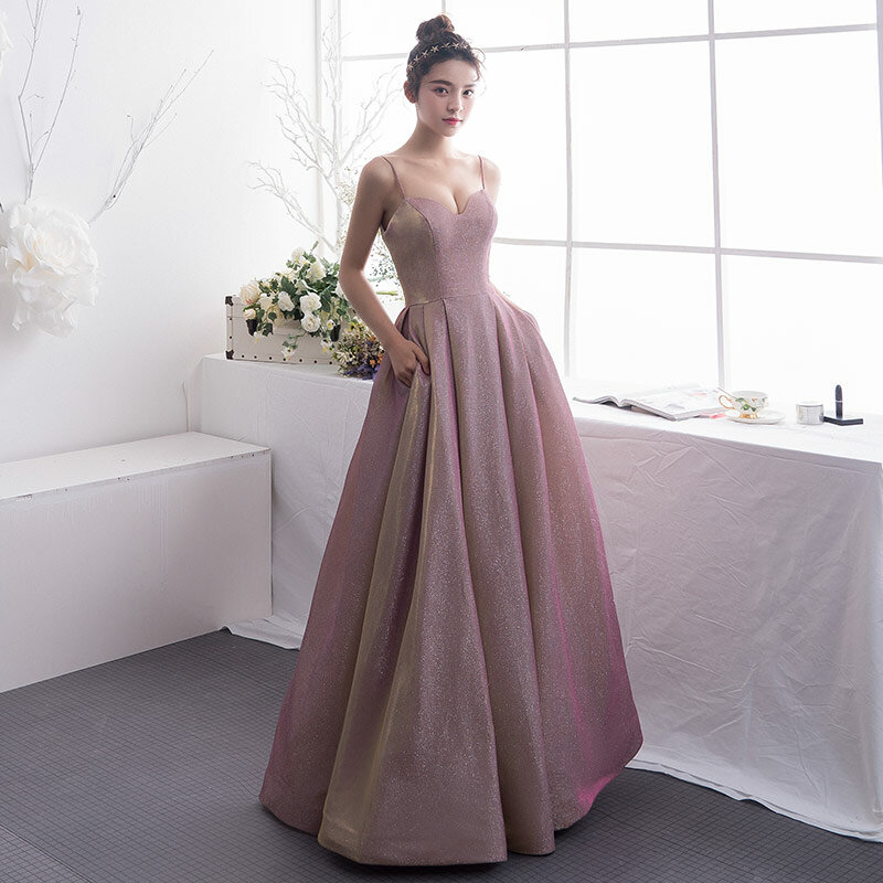 Suoskki vestido de noite gradiente, vestido feminino com gola v em lantejoulas e cor de contraste, vestido de festa, vestido de baile, 2020