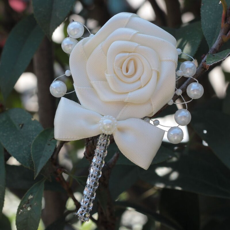 Ivory Rose Flower Boutonnieres Wedding Corsages Boutonniere Groom Pearl Men's Wedding Flowers Brooch Prom HE2