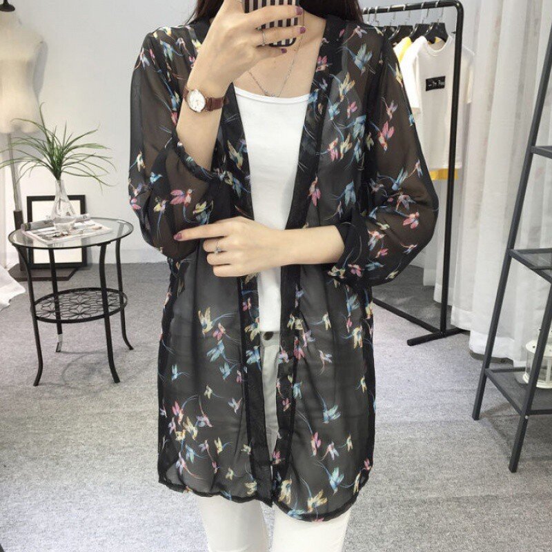 ผู้หญิงชีฟอง Kimono Cardigan Floral พิมพ์เสื้อแขนยาวฤดูร้อน Beach Cover Up ยาว Boho หลวมสุภาพสตรีเสื้อ