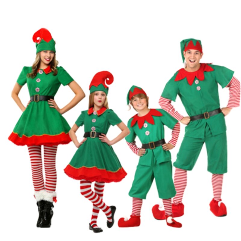 Christmas Santa Claus Costume Green Elf Cosplay Family Carnival Party New Year Fancy Dress Clothes Set For Men Women Girls Boys