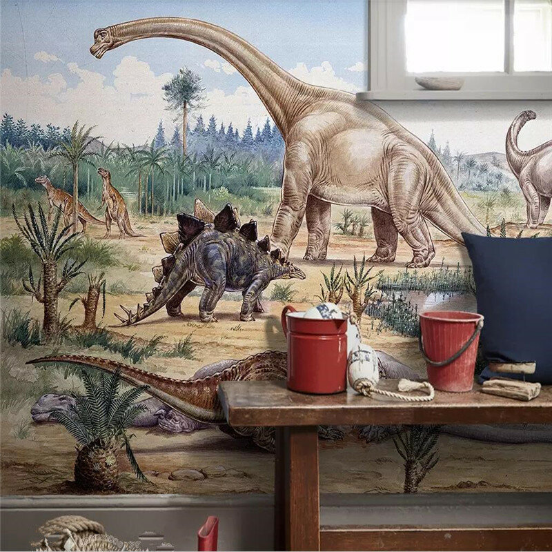 Kertas Dinding Mural Kustom Dinding Latar Belakang Kamar Anak-anak Dunia Dinosaurus