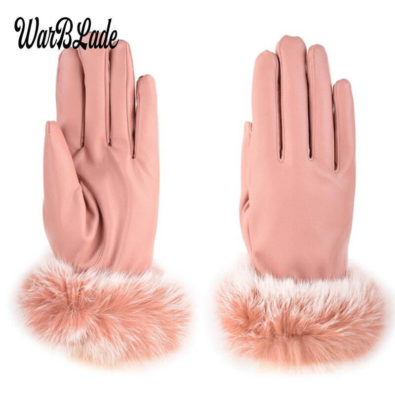 2021 Mode Winter Vrouwen Outdoor Casual Handschoenen Leer Pluche Winddicht Volledige Vinger Pols Wanten Lady Warm Konijnenbont Handschoen