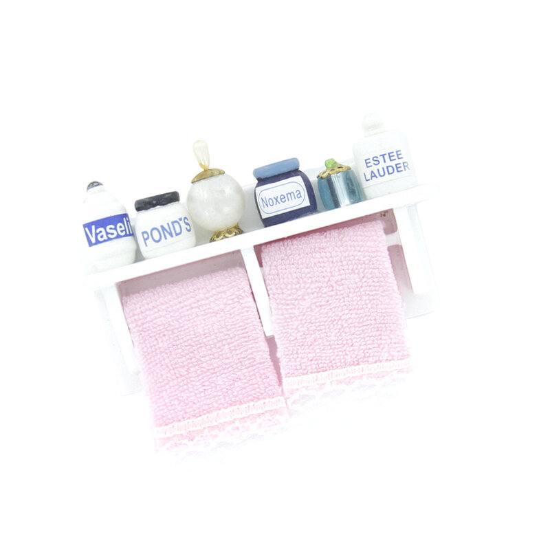 1/12 Dollhouse miniaturowy zestaw łazienkowy wieszak na ręczniki makijaż zestaw kosmetyczny