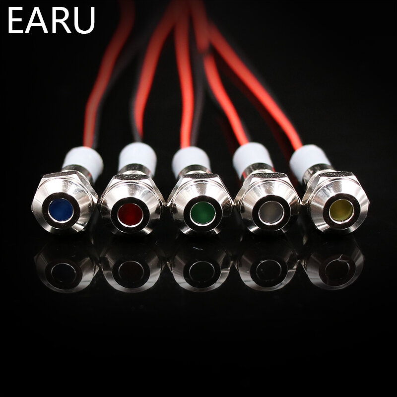 6มม.IP67กันน้ำ LED คำเตือนโลหะไฟสัญญาณนำร่องสัญญาณ + สายไฟ3V 5V 6V 12V 24V 110V 220V สีแดงสีเหลืองสีเขียวสีเขียว