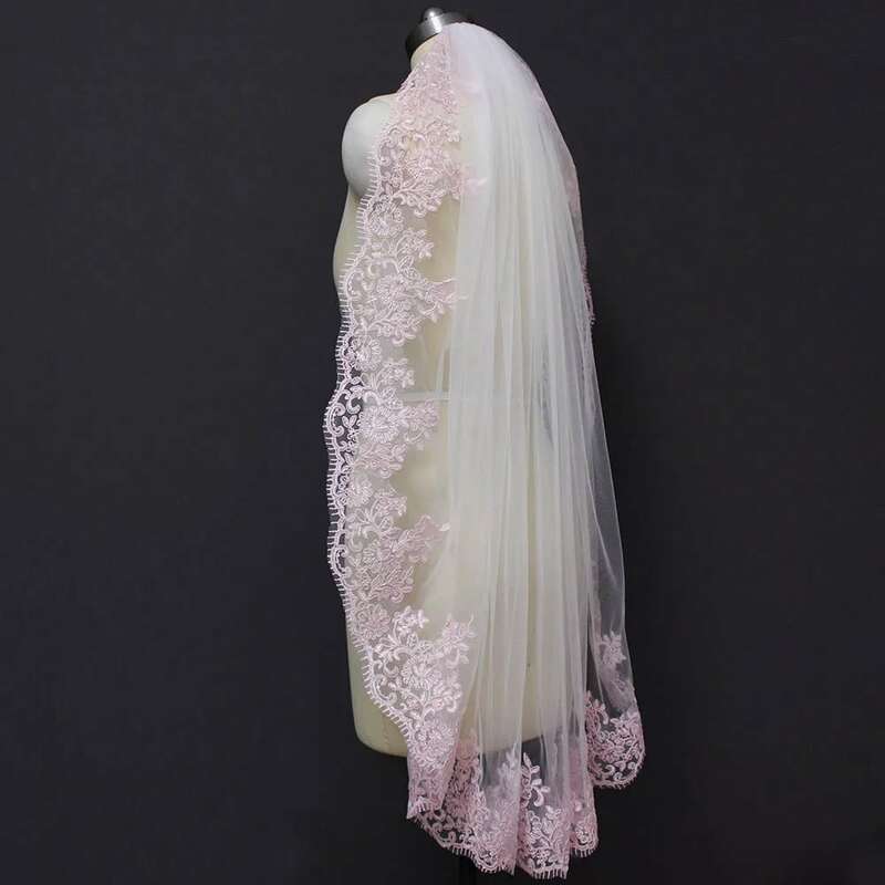 Echt Bilder Kurze Rosa Spitze Weiß Elfenbein Tüll Braut Schleier mit Kamm Eine Schicht Elegante Hochzeit Schleier Velo Novia
