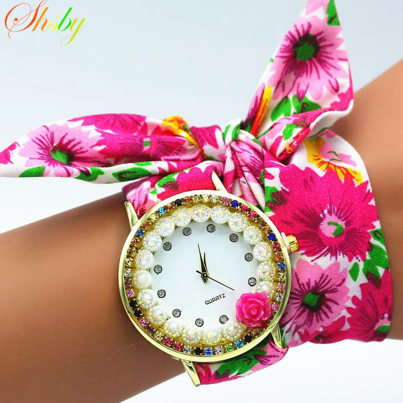 shsby New Ladies flower cloth wristwatch rose women dress watch colourful sparkling rhinestone fabric clock sweet girls watch