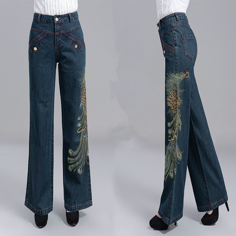 Штаны свободные, широкие, на осень и зиму, толстые, 2021, 26-34, размера плюс, с вышивкой, прямые джинсовые брюки