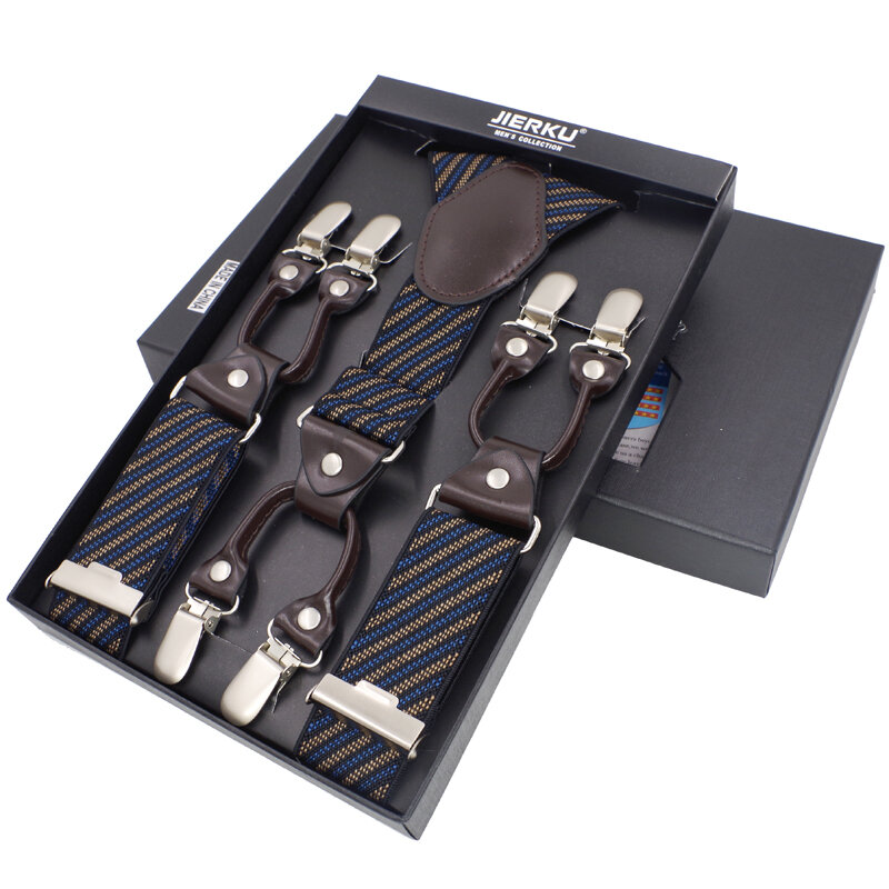Jierku suspensórios masculinos, 6 clips, novo suspensório fashion para calças, presente de pai/esposo, caixa colorida, 3.5*120cm