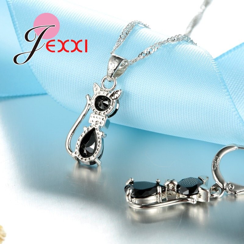 Szybka wysyłka detaliczna romantyczny zaręczynowy srebrny słodki kociak zestawy biżuterii kolczyki naszyjnik z austriackim kryształem dla kobiet