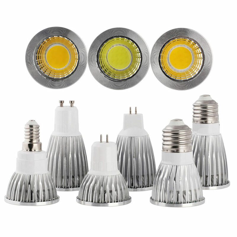 밝기 조절 가능 고출력 LED 전구, AC85-265V 가정용 조명, COB 스포트라이트 전구, GU10, E27, E14, MR16, AC/DC, 12V, 6W, 9W, 12W