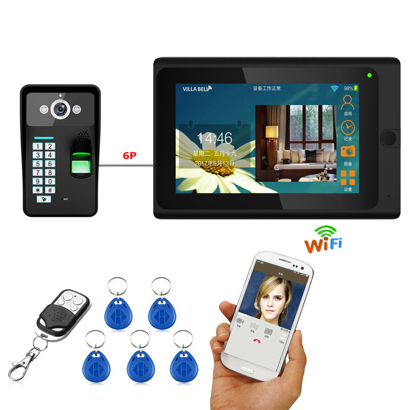 Sistema de intercomunicación con huella dactilar, videoportero RFID con Wifi, cable/inalámbrico, 7 pulgadas, soporte de desbloqueo por aplicación remota, grabación, instantánea