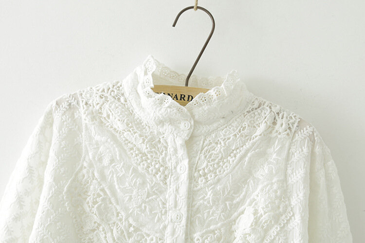 Camisa blanca de encaje con bordado de flores para mujer, blusa larga holgada de algodón con cuello alto, novedad de otoño, T77911