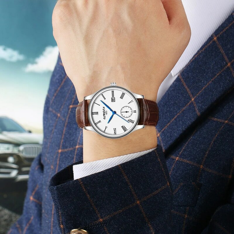 Relógio de pulso masculino com pulseira de couro, relógio casual com calendário e data para homens