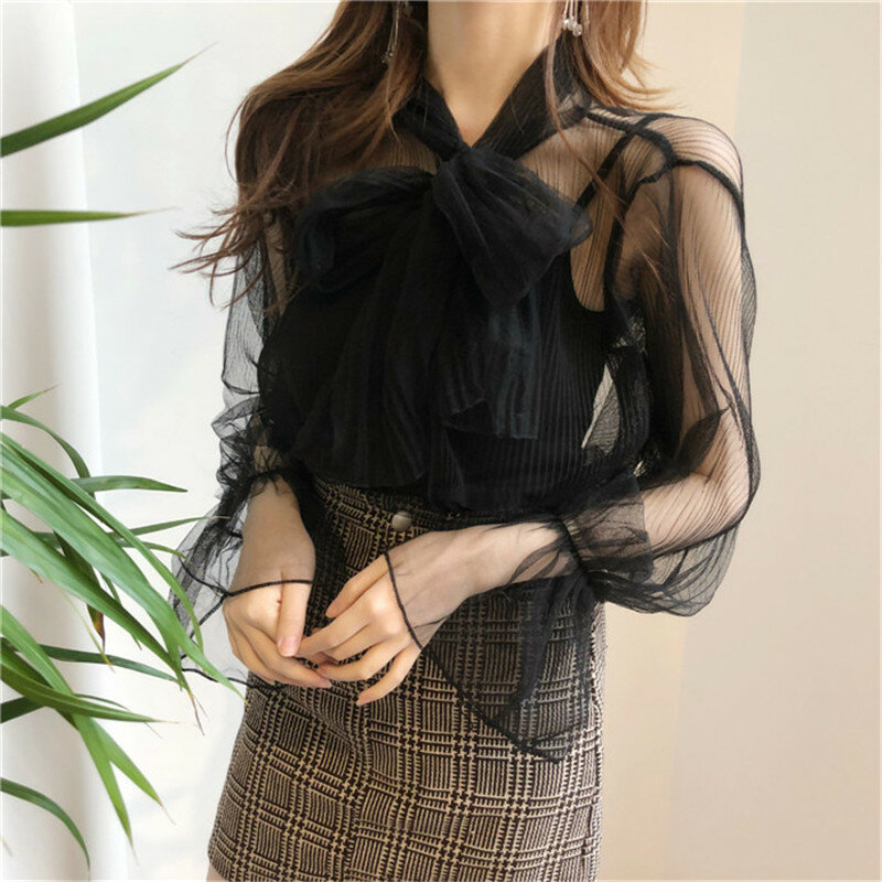 2018 Two Piece Women Mesh Blouse Solid Casual Tie Bow Lace Shirts Female Flare Sleeve Blouses Bottoming Shirt +Tank Tops AB800