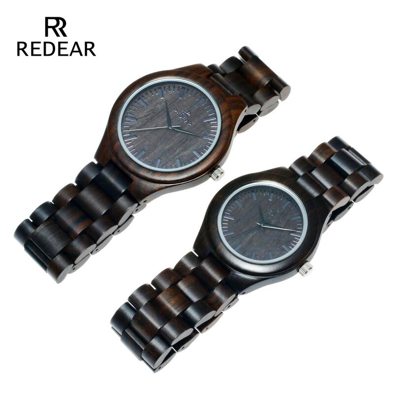 REDEAR-relojes de sándalo negro hechos a mano, relojes para amantes, reloj automático de cuarzo de madera natural fresca en caja de regalo