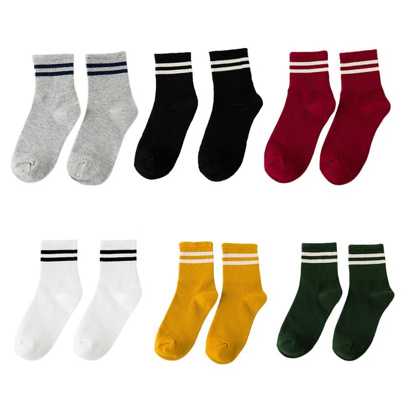 Women Girls Harajuku Double Striped Long Crew Socks Ribbed Knit Bright Solid Color Hip-Hop Skateboard Cotton Sports Tube Hosiery