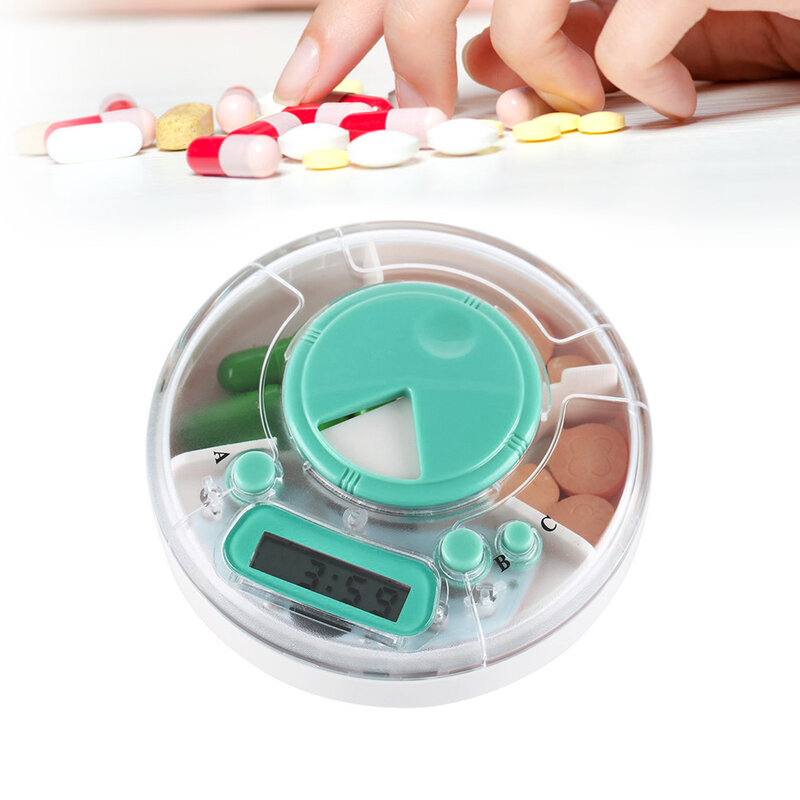 ดิจิตอล Pill กรณี & Splitters อัจฉริยะกล่องยา Electronics คอนเทนเนอร์ Circular Daily Reminder นาฬิกาปลุกแบบพกพา