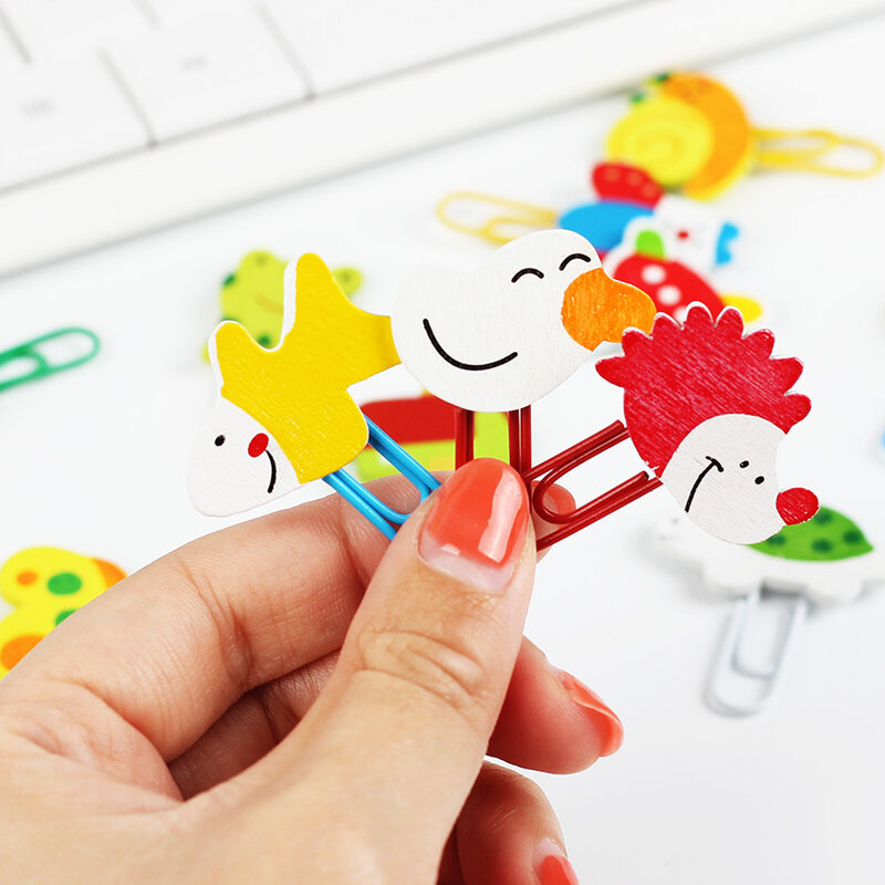 12 Pcs Cute Animal Cartoon Beschilderde Houten Paperclip Burst Modellen Briefpapier Groothandel Papier Clips Clip