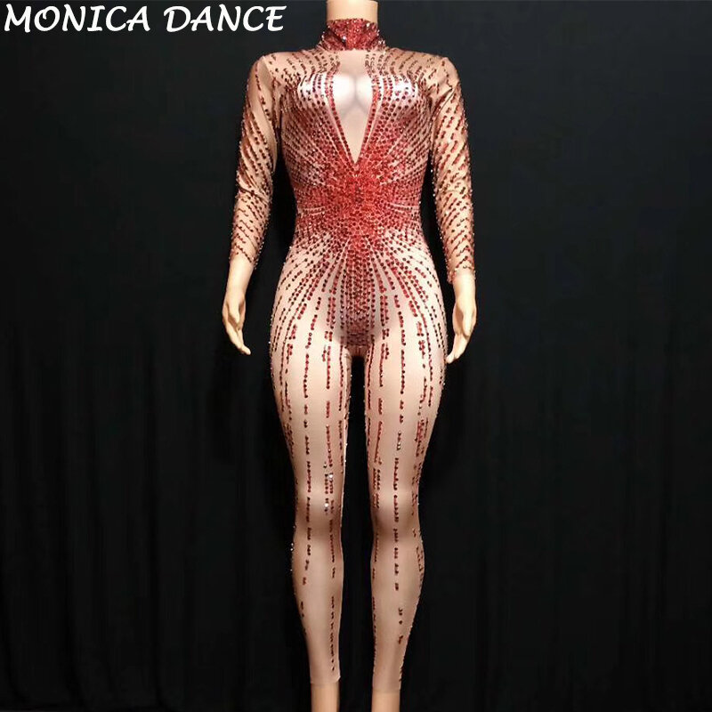 Mono Sexy con diamantes de imitación rojos para mujer, para discoteca traje ostentoso, ropa para celebrar cumpleaños, mono femenino de cantante