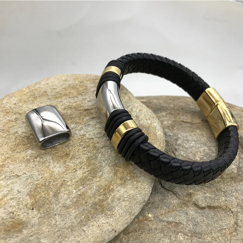 Custom Stainless Steel Charm Leather Bracelet Beads Free Engrave  50pcs/lot