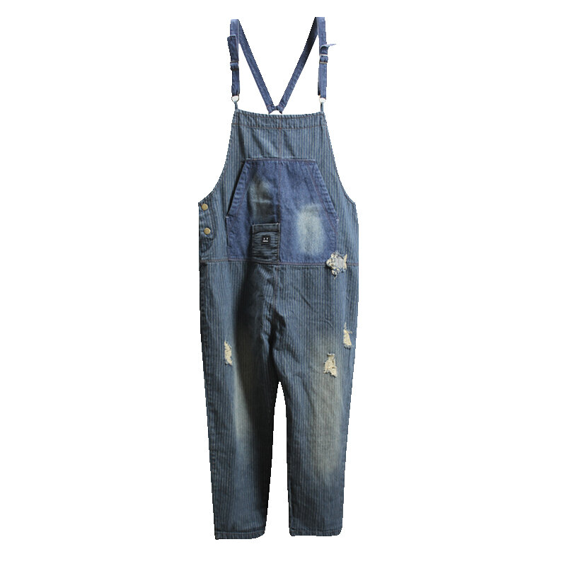 Free Shipping 2019 New Fashion Overalls Sleeveless Denim Loose Jumpsuits And Rompers With Pockets Stripe Holes Women Trousers