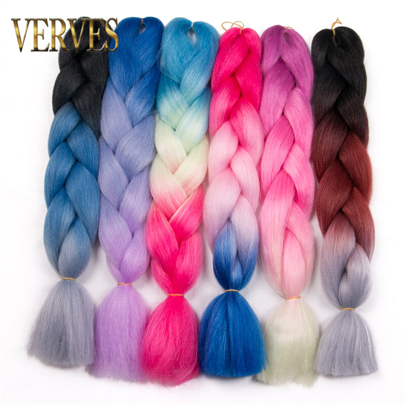 VERVES 24 inch Synthetic Jumbo Braid Ombre Color Braiding Hair 100g/pcs Extension Braids KaneKalon for Asian Women Red Pink Blue