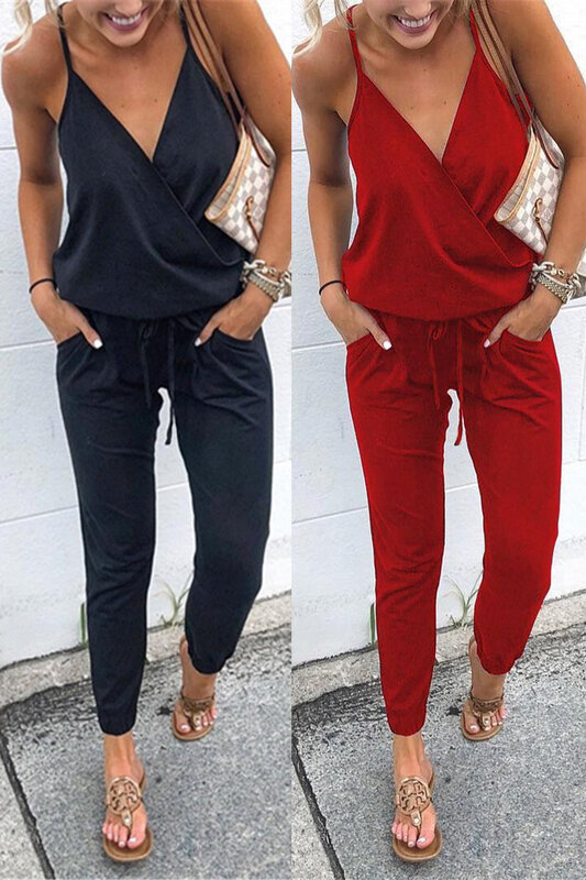 Solid Fashion Summer Women Jumpsuit Romper Sexy V Neck Backless Lace-up Beach Bodycon strap femme Jumpsuit Overalls long pants