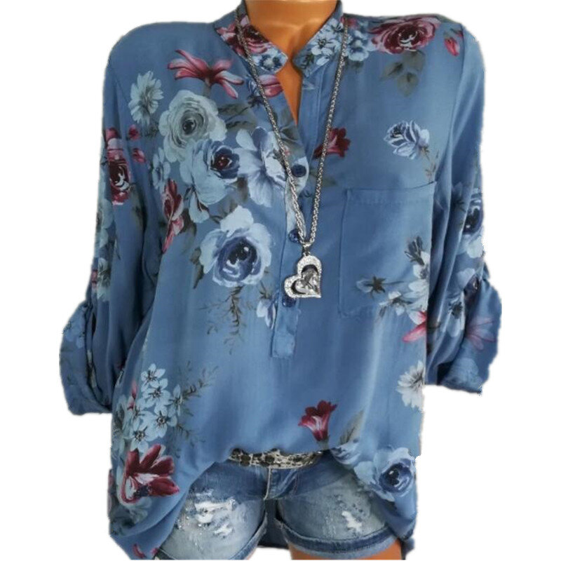 Blusa informal de gasa con estampado floral para mujer, camisa femenina de manga larga con cuello levantado, talla grande 5XL, para otoño