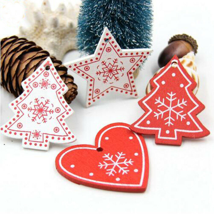 5cm 레드 하트 스타 벨 눈송이 크리스마스 장식품 펜던트, 천연 나무 크리스마스 행잉 색종이 크리스마스 트리 장식, 10 피스