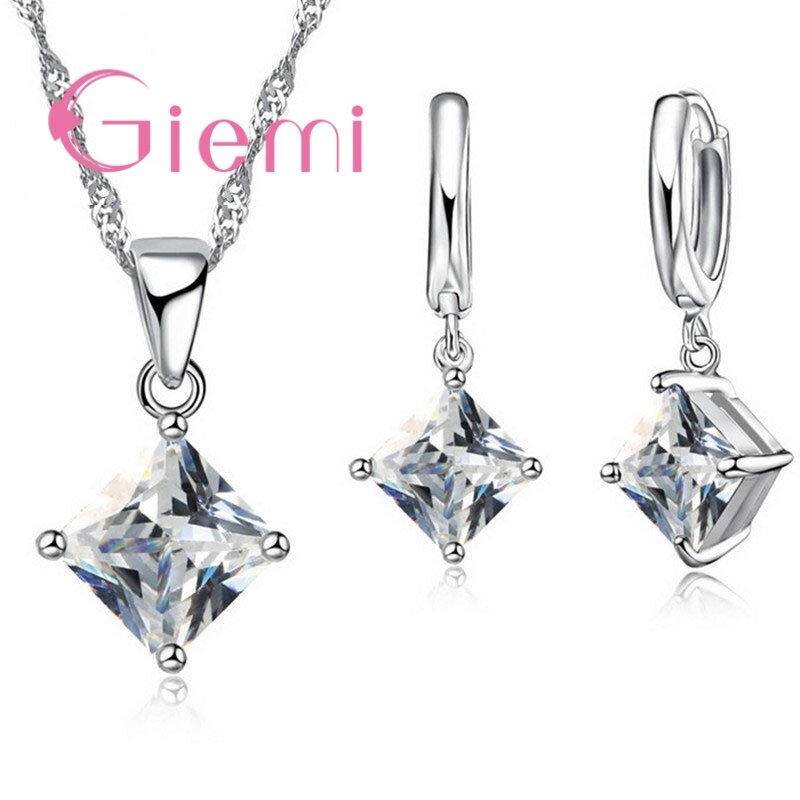 925 Sterling Silver Pendant Earrings Jewelry Sets 8 Colors Women Beautiful Necklace Set Lover Gift Square Crystal Bijoux