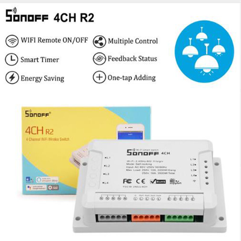 Sonoff 4CH Pro R2, смарт-переключатель Wi-Fi 433 MHz РФ Wi-Fi выключатель света 4 Gang 3 режима работы толчковой Блокировка умный дом с Alexa