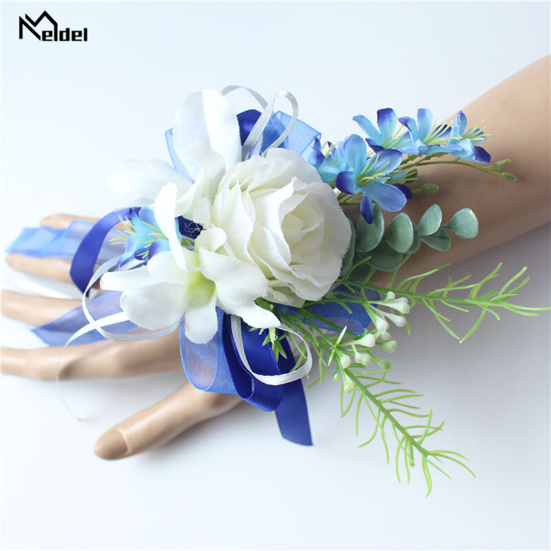 Meldel Corsage Men Wedding Boutonniere Bridal Wrist Corsage Bracelet White Blue Groomsmen Lapel Pin Party Meeting Flowers Decor