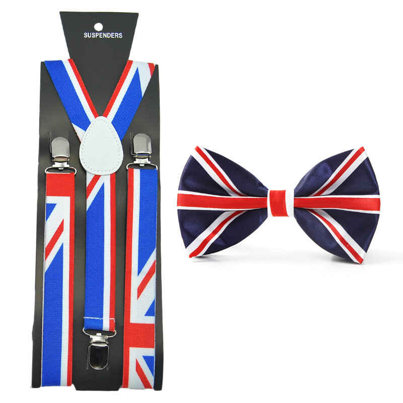 Conjunto de tirantes para pantalones para hombre Y mujer, conjunto de soporte con pajarita en forma de Y, braga con bandera británica, conjunto de pajarita informal de oficina, regalo
