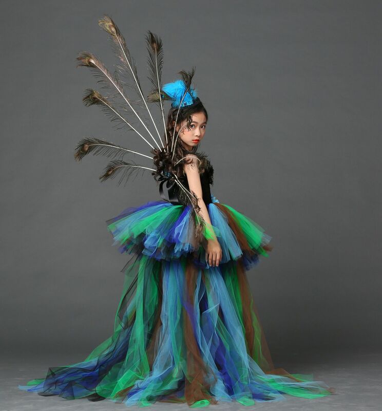 POSH DREAM-Peacock Flower Party Tutu Vestidos para crianças, vestido de noite com trem, tule, princesa, Halloween