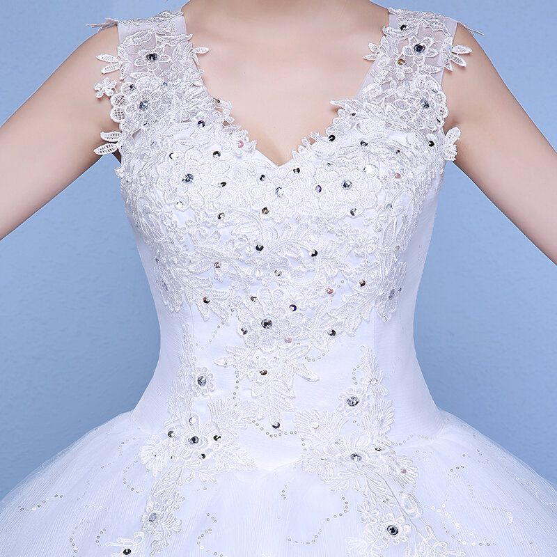 จัดส่งฟรีSequinsลูกไม้Vคอชุดแต่งงานราคาถูกความยาวเจ้าสาวสีขาวชุดที่กำหนดเองVestidos De Novia XN177