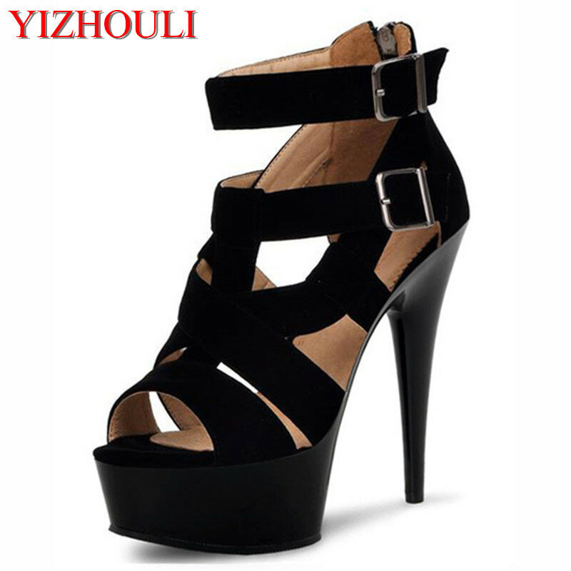 Chaussures à talons hauts pour femmes, sandales hautes de 15 cm, chaussures de danse décoratives noires