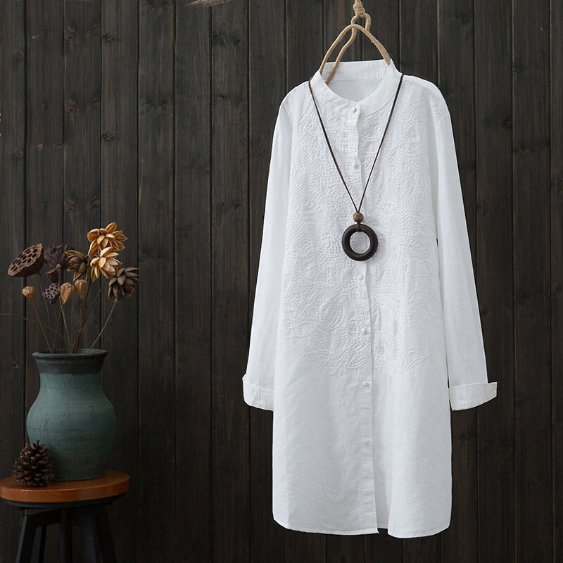 Blusa de manga larga de lino para mujer, camisa holgada de lino, informal, para primavera y verano, a la moda, SW-031