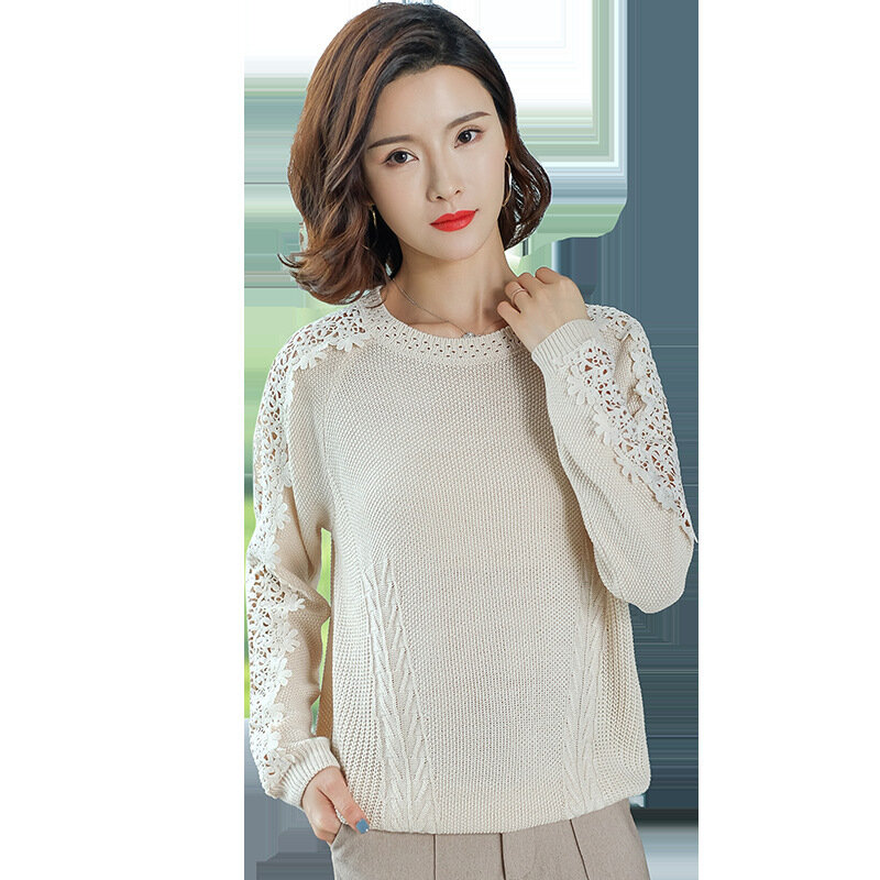 Fall Spring Thin Sweater Women Round Neck Lace Hollow Knitted Sweaters Female Loose Large Size Sweet Casual Jumper Tops H9263