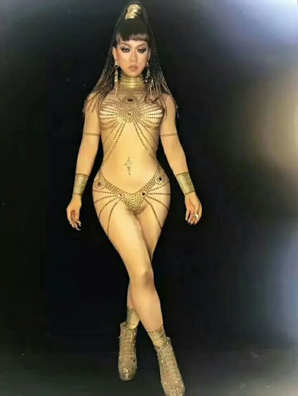 Macacão feminino sexy para palco, cristais de ouro, palco sexy, roupa para show, aniversário, comemoração, festa, baile