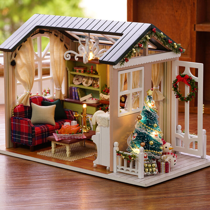 子供のためのミニチュア木製ドールハウス,家具付きのミニチュアアクセサリー,クリスマスプレゼントに最適