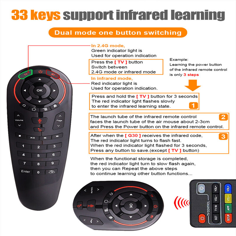 G30 S télécommande vocale 2.4G sans fil voix Air souris 33 touches IR apprentissage gyroscope détection à distance intelligente pour jeu android tv box