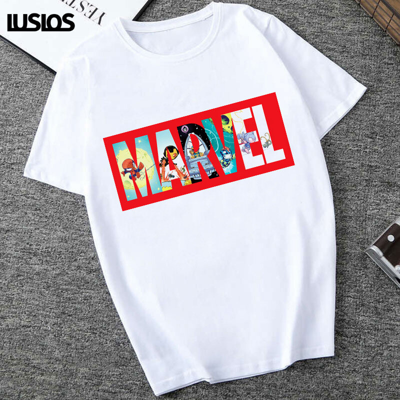 LUSLOS Cartton Marvel Stampa T Shirt Donna Bianco Casual Della Stampa Della Lettera Maglietta Streetwear Femminile Superheros Ventole T-Shirt
