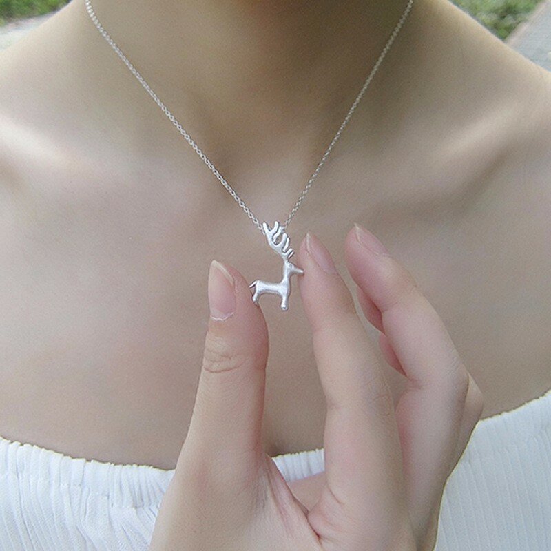 Surprise Cute 925 Silver Needle Elk Wapiti Necklace for Women 3D Animal Pendant Necklaces Christmas Party Accessories 18 inch